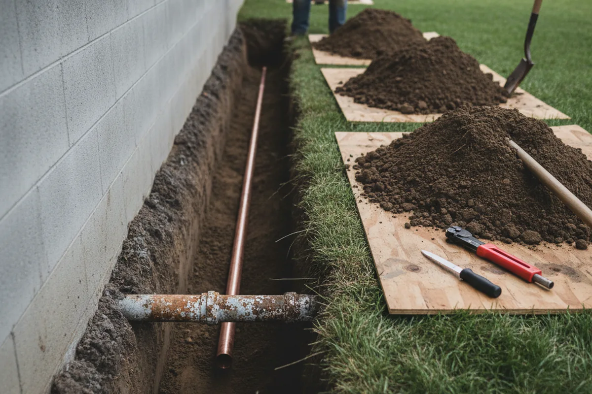 Excavated water line trench during Sewer Line Repair in Andover